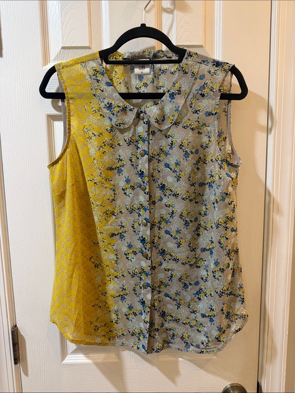 Cabi Sheer Yellow and Gray Floral Button-Front Tank